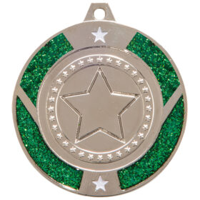 Glitter Star Medal Silver & Green 50mm